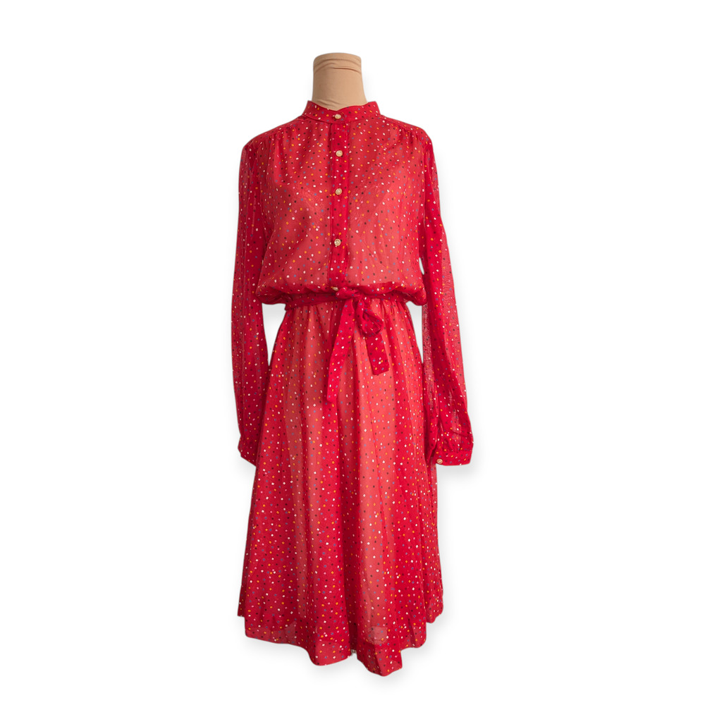 70s Red Confetti Belted Shirt Dress